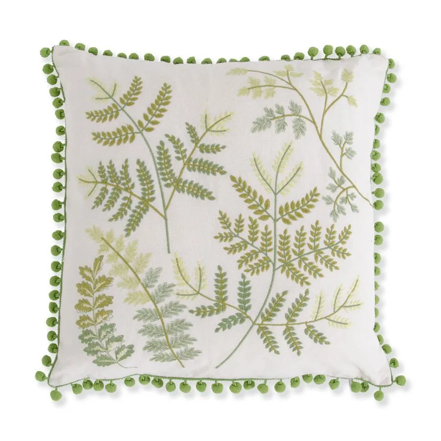 16 Inch Square Cream Pillow w/Embroidered Ferns and Green Pom Poms