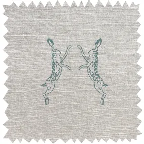 Boxing Hares Duck Egg Linen Blend Fabric Sample