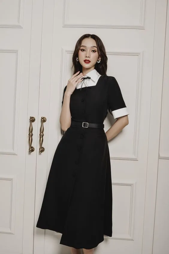 High-end Elegant black and white midi dress - Tommi