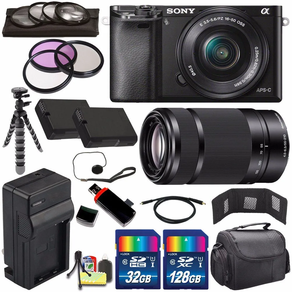 Sony Alpha a6000 Mirrorless Digital Camera with 16-50mm Lens (Black)   Sony E 55-210mm f/4.5-6.3 OSS E-Mount Lens 160GB Bundle