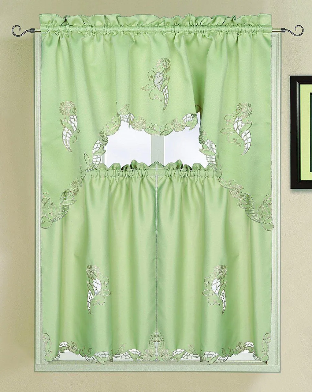 Sydney Luxury Embroidered and Hand Cutwork Kitchen Curtain 3 Piece Set